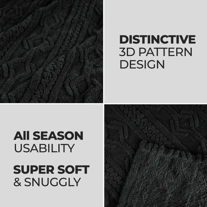 Boho Knit Jacquard Fleece Plush Fluffy Blanket - Black