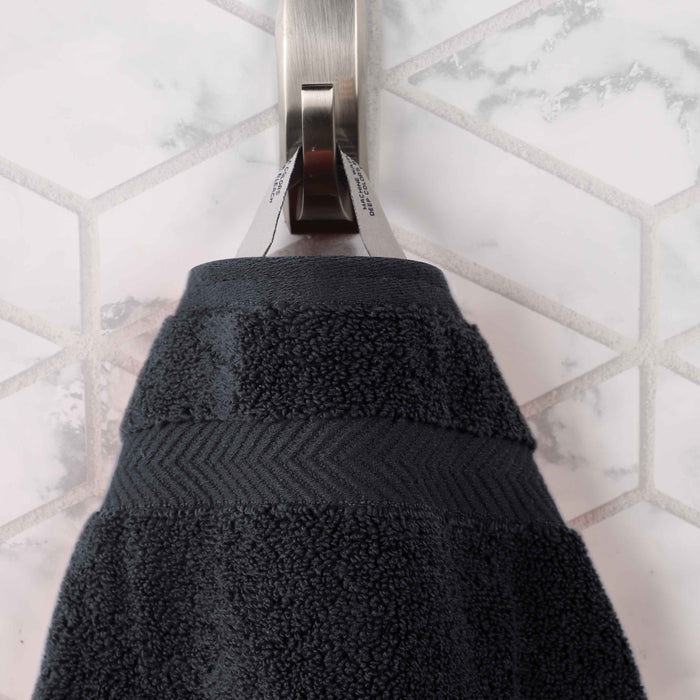 Wringcaster Zero-Twist Towel Set, 100% Combed Cotton, Chevron Border, 575 GSM, Quick-Dry, 6-Pieces - Black