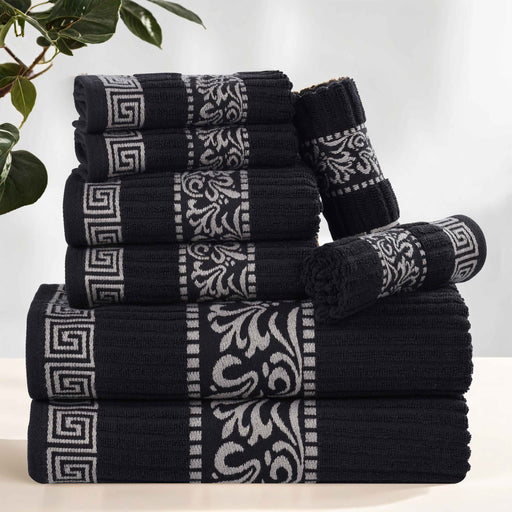 Athens Cotton with Greek Scroll and Floral Pattern 8-Piece Towel Set - Black-Chrome