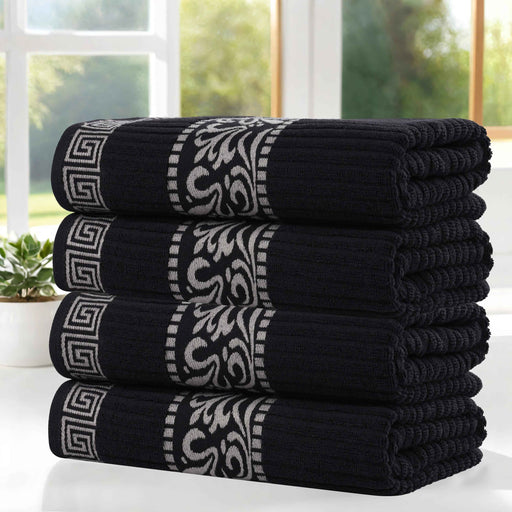 Athens Cotton Greek Scroll and Floral 4 Piece Assorted Bath Towel Set - Black-Chrome