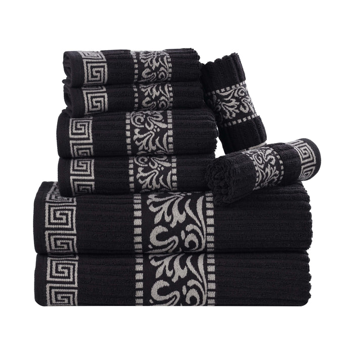 Athens Cotton with Greek Scroll and Floral Pattern 8-Piece Towel Set - Black-Chrome