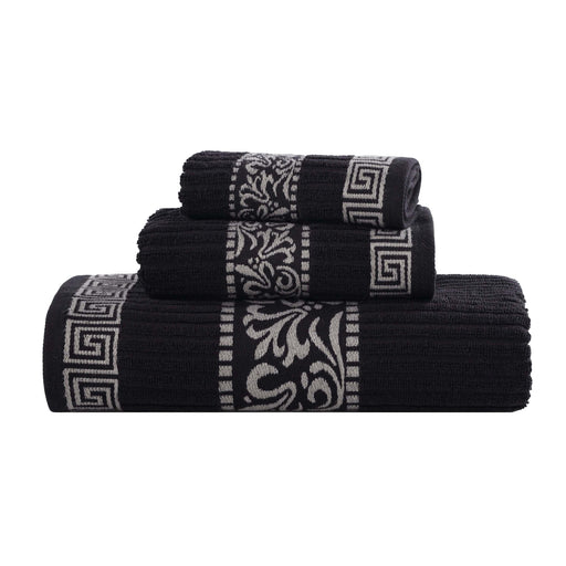 Athens Cotton Greek Scroll and Floral 3-Piece Assorted Towel Set - Black-Chrome