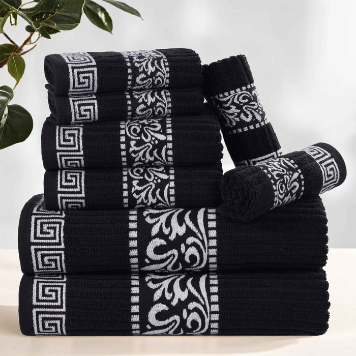 Athens Cotton with Greek Scroll and Floral Pattern 8-Piece Towel Set - Black-White