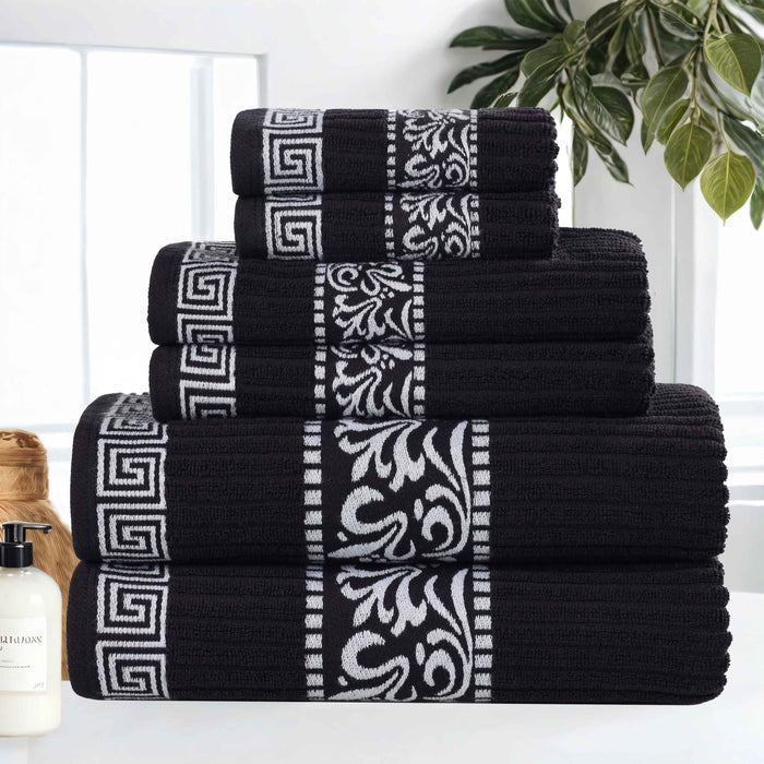 Athens Cotton Greek Scroll and Floral 6-Piece Assorted Towel Set - Black-White