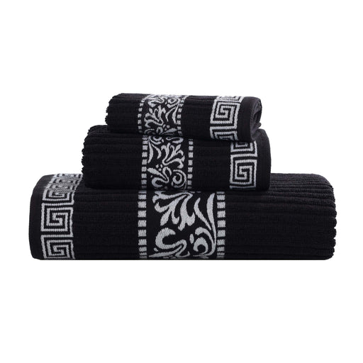 Athens Cotton Greek Scroll and Floral 3-Piece Assorted Towel Set - Black-White