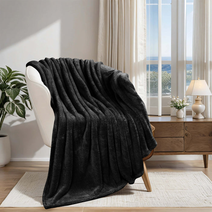 Classic Solid Fleece Plush Medium Weight Fluffy Soft Blanket - Black