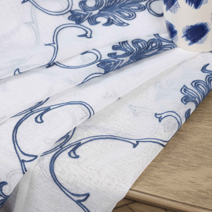 Embroidered Elegant Scroll Sheer Grommet Curtain Panel Set - Blue