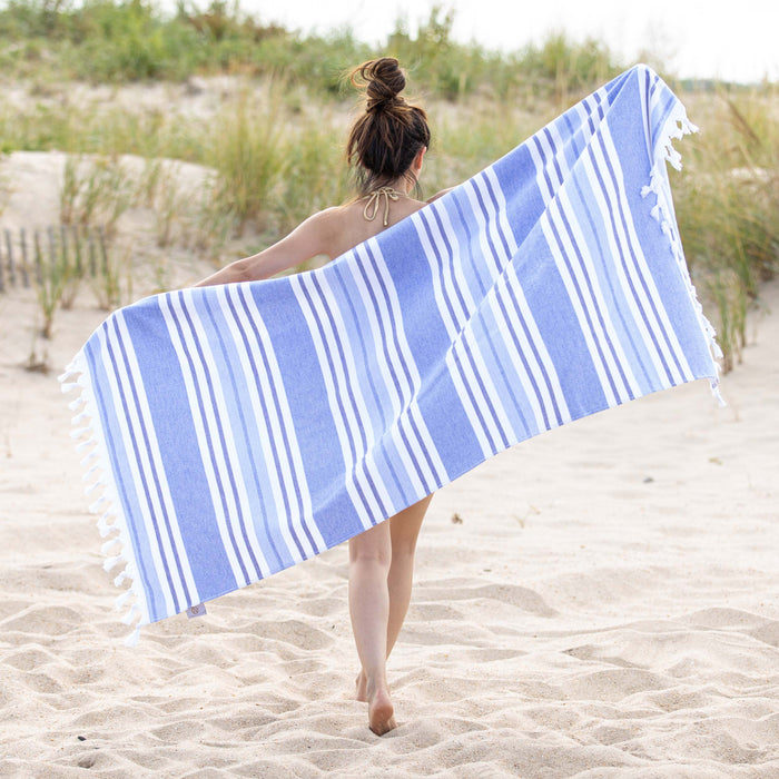 Racer Stripe Fouta 2 Piece Beach Towel Set with Tassels - RoyalBlue