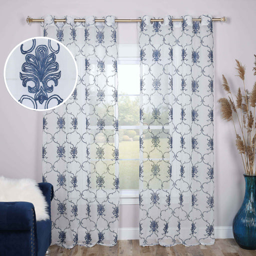 Embroidered Elegant Scroll Sheer Grommet Curtain Panel Set - Blue