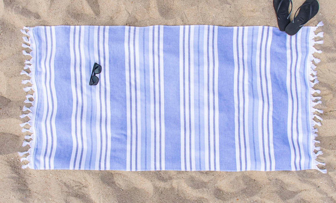 Racer Stripe Fouta 2 Piece Beach Towel Set with Tassels - RoyalBlue