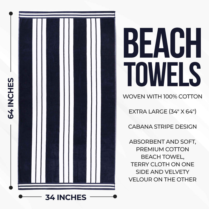 Cabana Stripe Oversized Cotton Beach Towel Set Of 2, 4, 6 - Blue