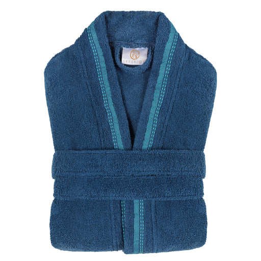 Tinsel Unisex Cotton Terry Kimono Bathrobe with Embroidery - Blue/Aqua