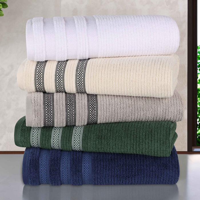 Zero Twist Cotton Ribbed Geometric Border Plush Hand Towel Set of 6