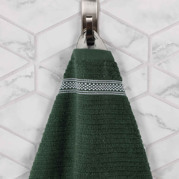 Zero Twist Cotton Ribbed Geometric Border Plush Hand Towel Set of 6 - Forrest Green