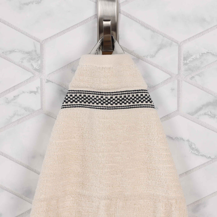 Zero Twist Cotton Ribbed Geometric Border Plush Hand Towel Set of 6 - Ivory
