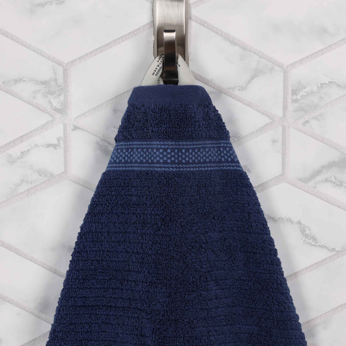 Zero Twist Cotton Ribbed Geometric Border Plush Face Towel Set of 12 - Navy Blue