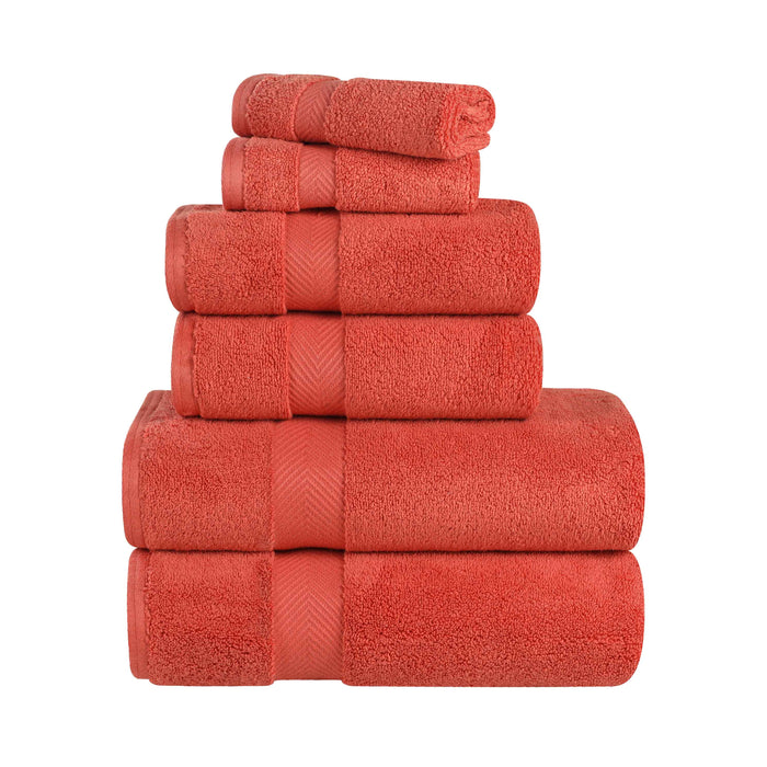 Wringcaster Zero-Twist Towel Set, 100% Combed Cotton, Chevron Border, 575 GSM, Quick-Dry, 6-Pieces - Brick