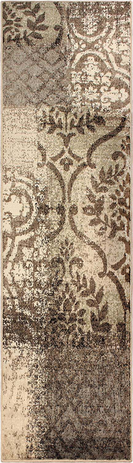 Bristol Distressed Abstract Damask Indoor Area Rug or Runner Rug - Beige/Brown