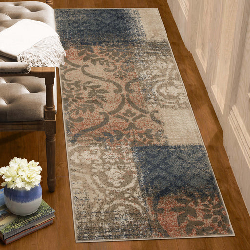 Bristol Distressed Abstract Damask Indoor Area Rug or Runner Rug - Midnight Navy/Salmon