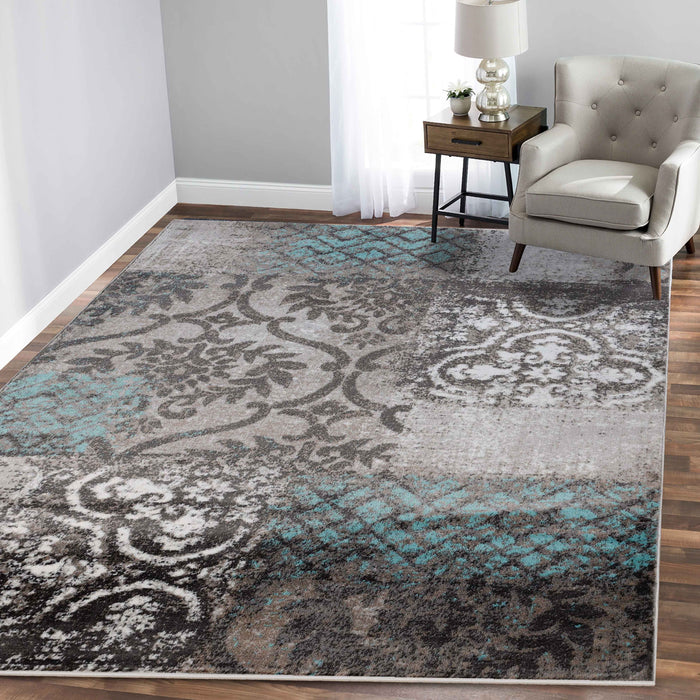 Bristol Distressed Abstract Damask Indoor Area Rug or Runner - Rivulet