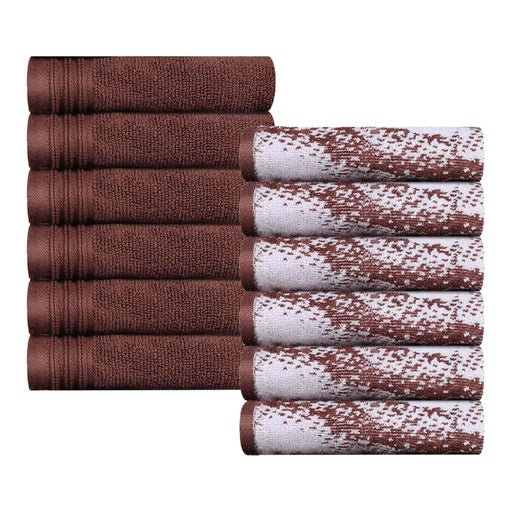 Cotton Quick-Drying Solid and Marble Face Towel Set of 12 - Brown