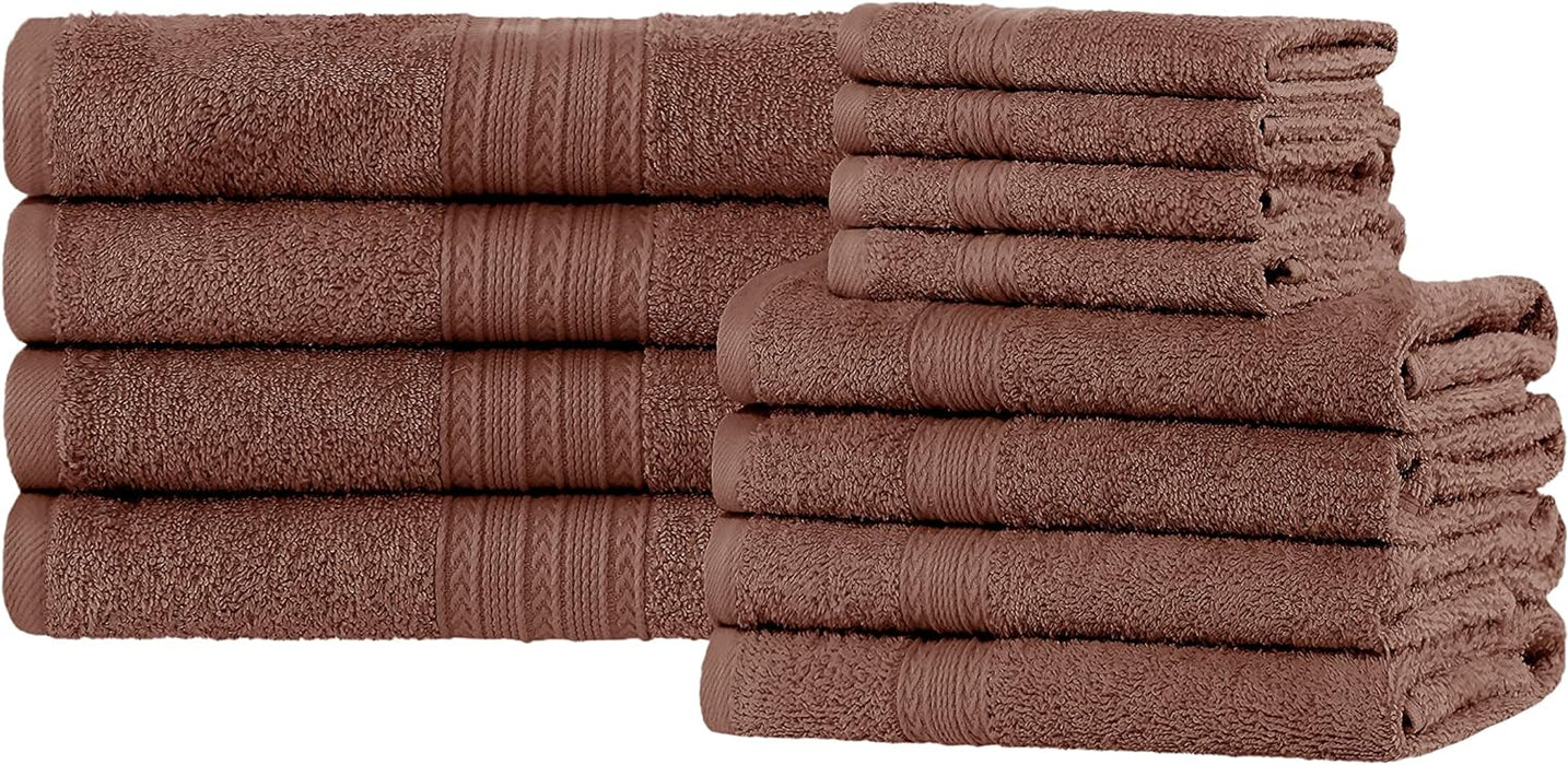 Cotton Eco Friendly Solid 12 Piece Towel Set - Brown