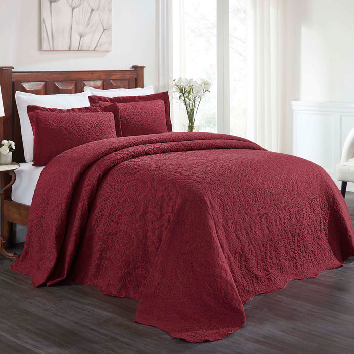 Aspen Cotton Blend Jacquard Woven Floral Scalloped Edges Bedspread Set - Burgundy