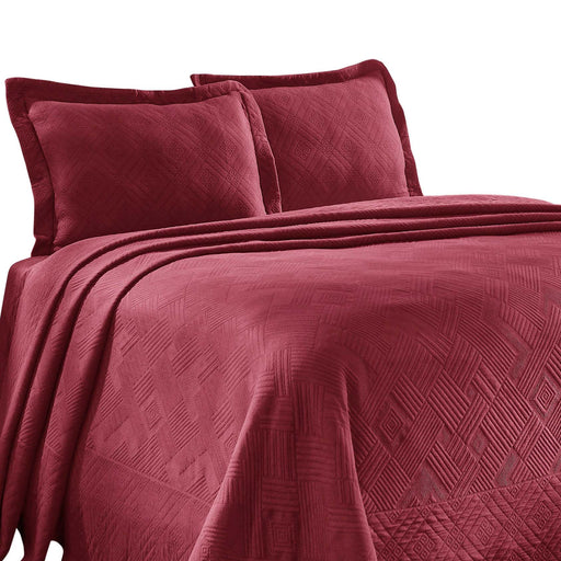 Geometric Fret Cotton Jacquard Matelasse Scalloped Bedspread Set - Burgundy