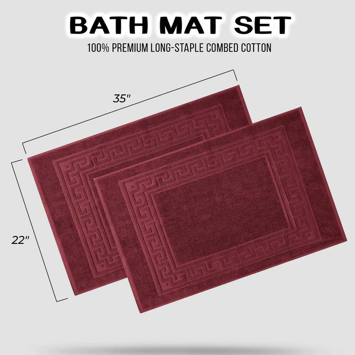 Cotton 2 Piece Greek Key Border Super Absorbent Bath Mat Set - Burgundy