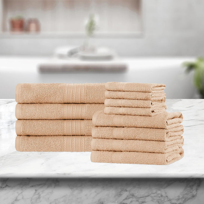 Cotton Eco Friendly Solid 12 Piece Towel Set - Camel