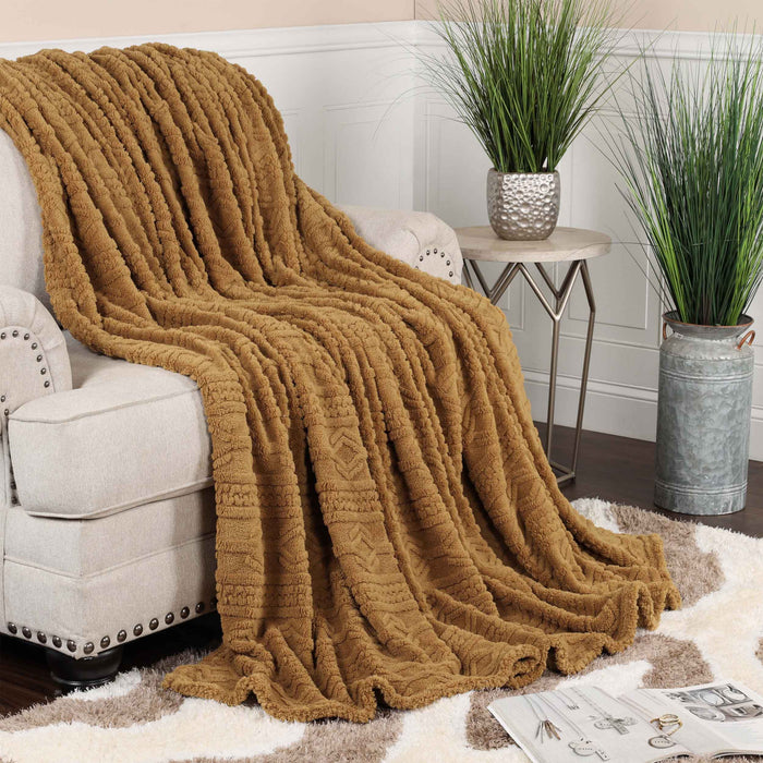 Boho Knit Jacquard Fleece Plush Fluffy Blanket - Camel