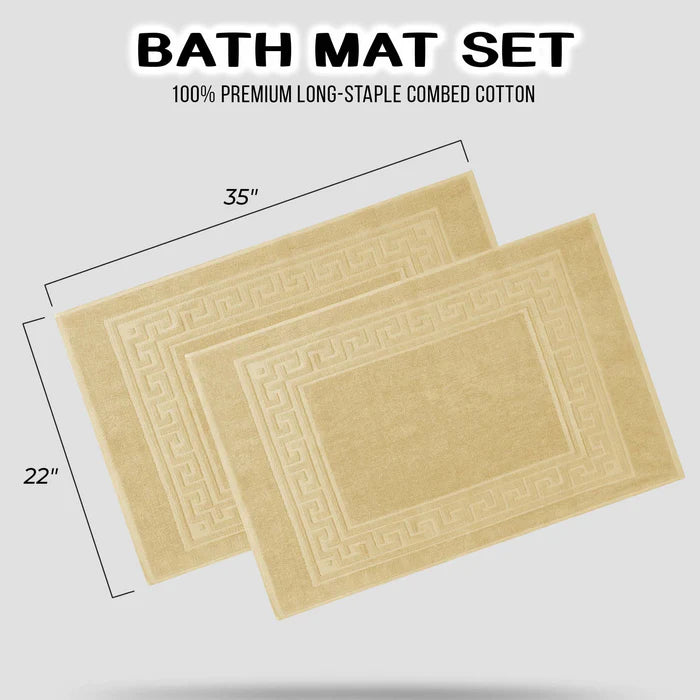 Cotton 2 Piece Greek Key Border Super Absorbent Bath Mat Set - Canary
