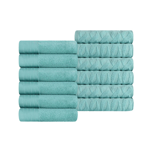 Turkish Cotton Jacquard Herringbone and Solid 12 Piece Face Towel Set - Cascade