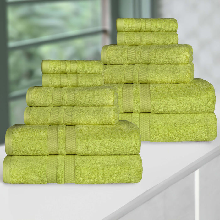 Ultra-Soft Cotton Absorbent Quick-Drying 12 Piece Assorted Towel Set - Celery