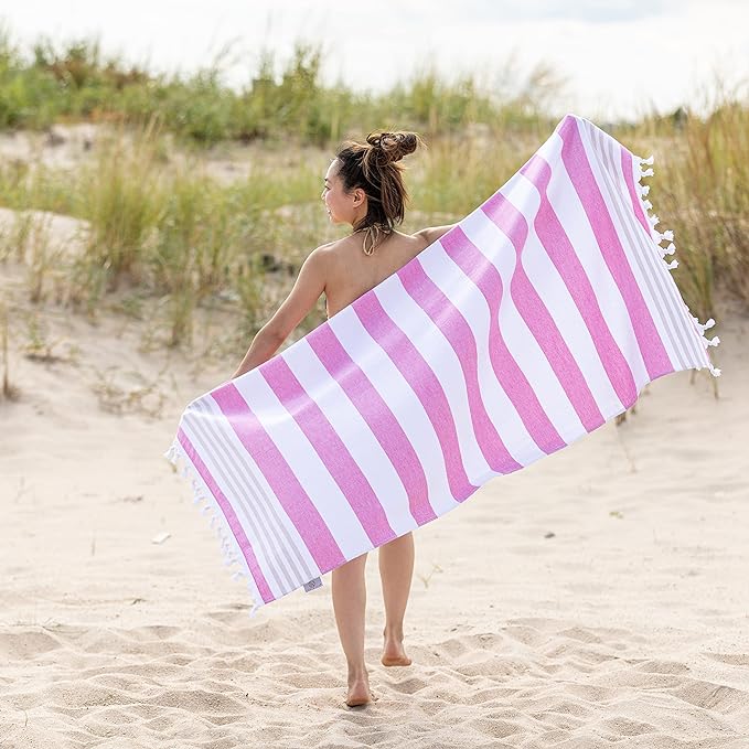 Coastal Resort Stripe Fouta 4 Piece Beach Towel with Tassels - Cerise