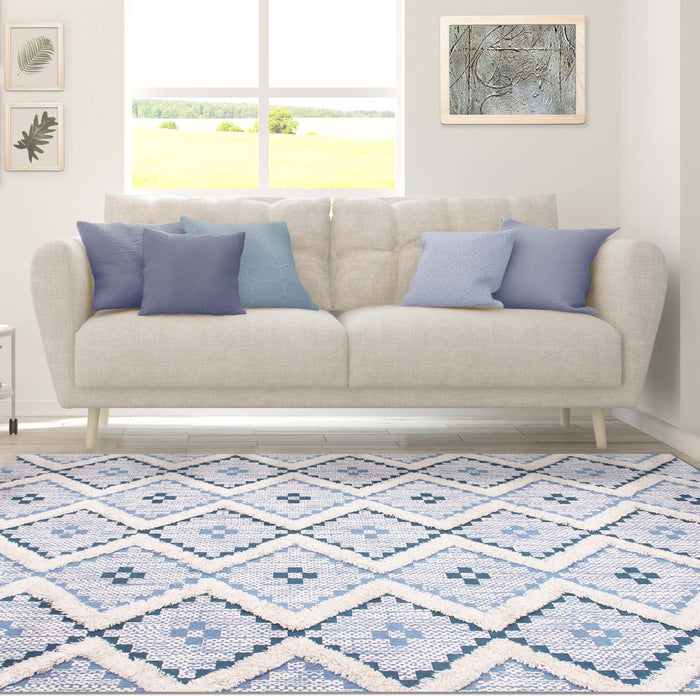 Talluah Hand-Tufted Cotton/Wool Textured Geometric Farmhouse Area Rug - Cerulean/Dark Denim