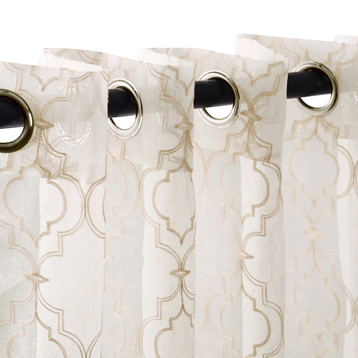 Embroidered Imperial Trellis Sheer Grommet Curtain Panel Set - Champagne