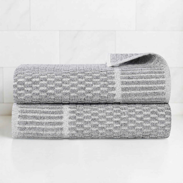 Juno Cotton Blend Medium Weight Checkered Border Bath Towels, Set of 2