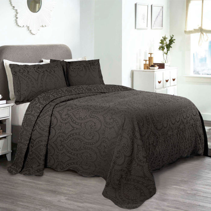Aspen Cotton Blend Jacquard Woven Floral Scalloped Edges Bedspread Set - Charcoal