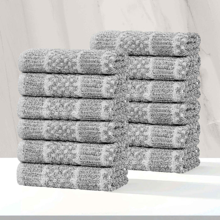 Naples Cotton Blend Checkered and Ribbed Face Towels, Set of 12