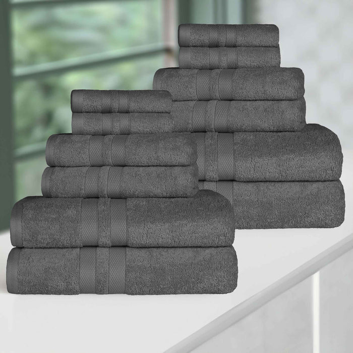 Ultra-Soft Cotton Absorbent Quick-Drying 12 Piece Assorted Towel Set - Charcoal