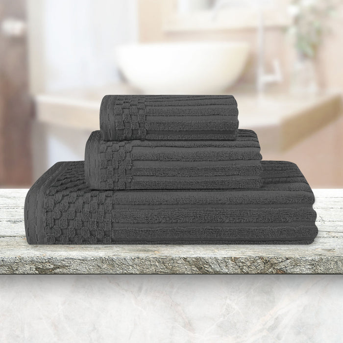 Soho Ribbed Textured Cotton Ultra-Absorbent 3-Piece Assorted Towel Set - Charcoal