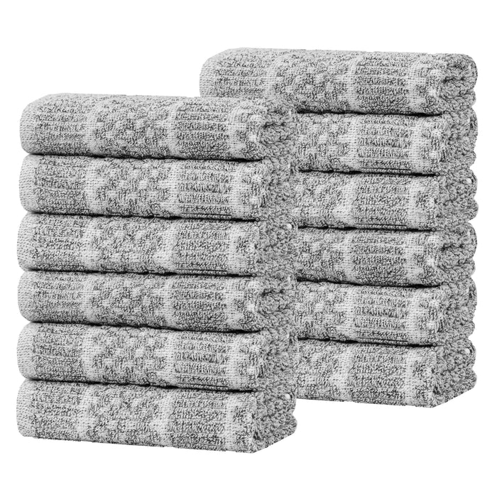 Naples Cotton Blend Checkered and Ribbed Face Towels, Set of 12