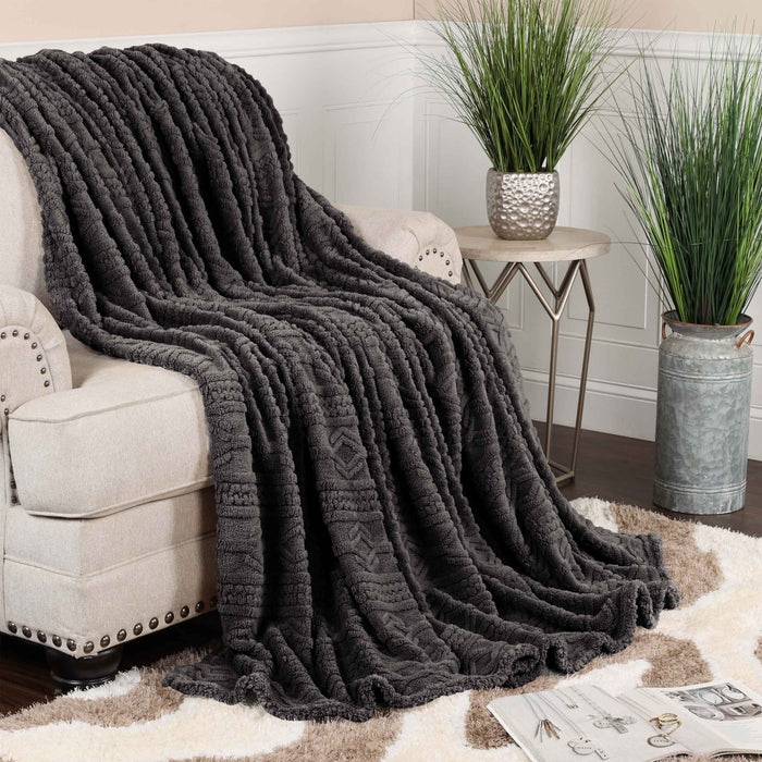 Boho Knit Jacquard Fleece Plush Fluffy Blanket - Charcoal
