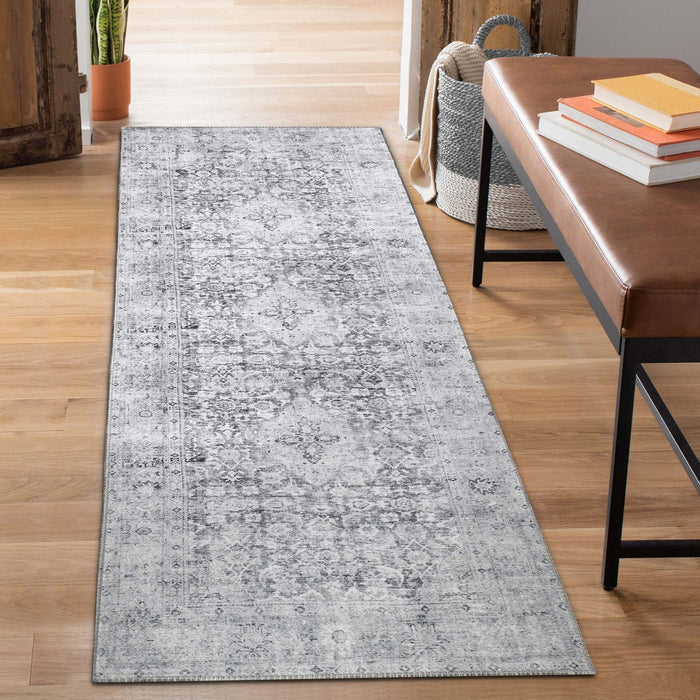 Huda Distressed Rustic Oriental Medallion Indoor Area Rug Or Runner - Charcoal