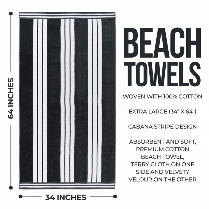 Cabana Stripe Oversized Cotton Beach Towel Set Of 2, 4, 6 - Charcoal