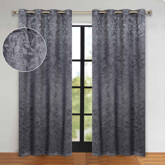 Leaves Grommet Room Darkening Blackout Curtains, Set of 2 - Charcoal