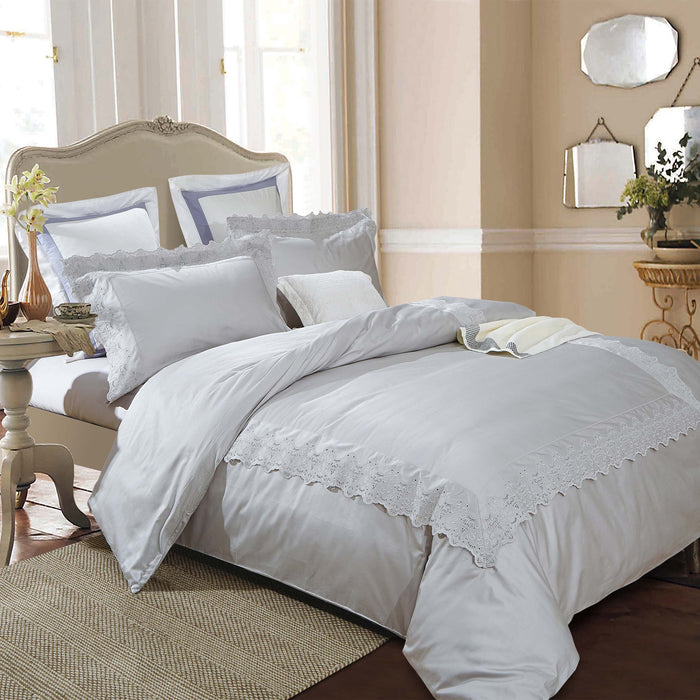 Charlotte Cotton Solid Embroidered Duvet Cover Set - White