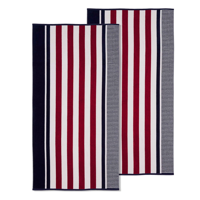 Cotton Oversized Checkered Striped 2 Piece Beach Towel - Navy Blue