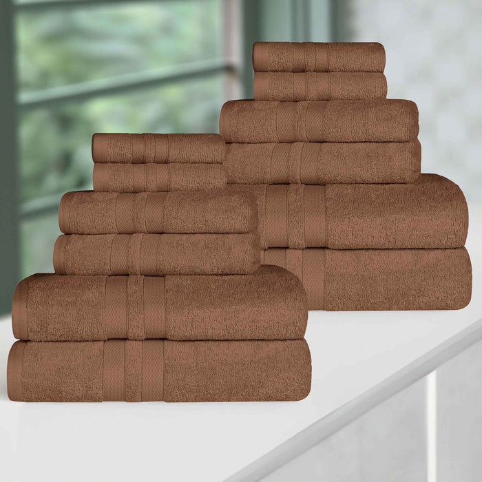Ultra-Soft Cotton Absorbent Quick-Drying 12 Piece Assorted Towel Set - Chocolate